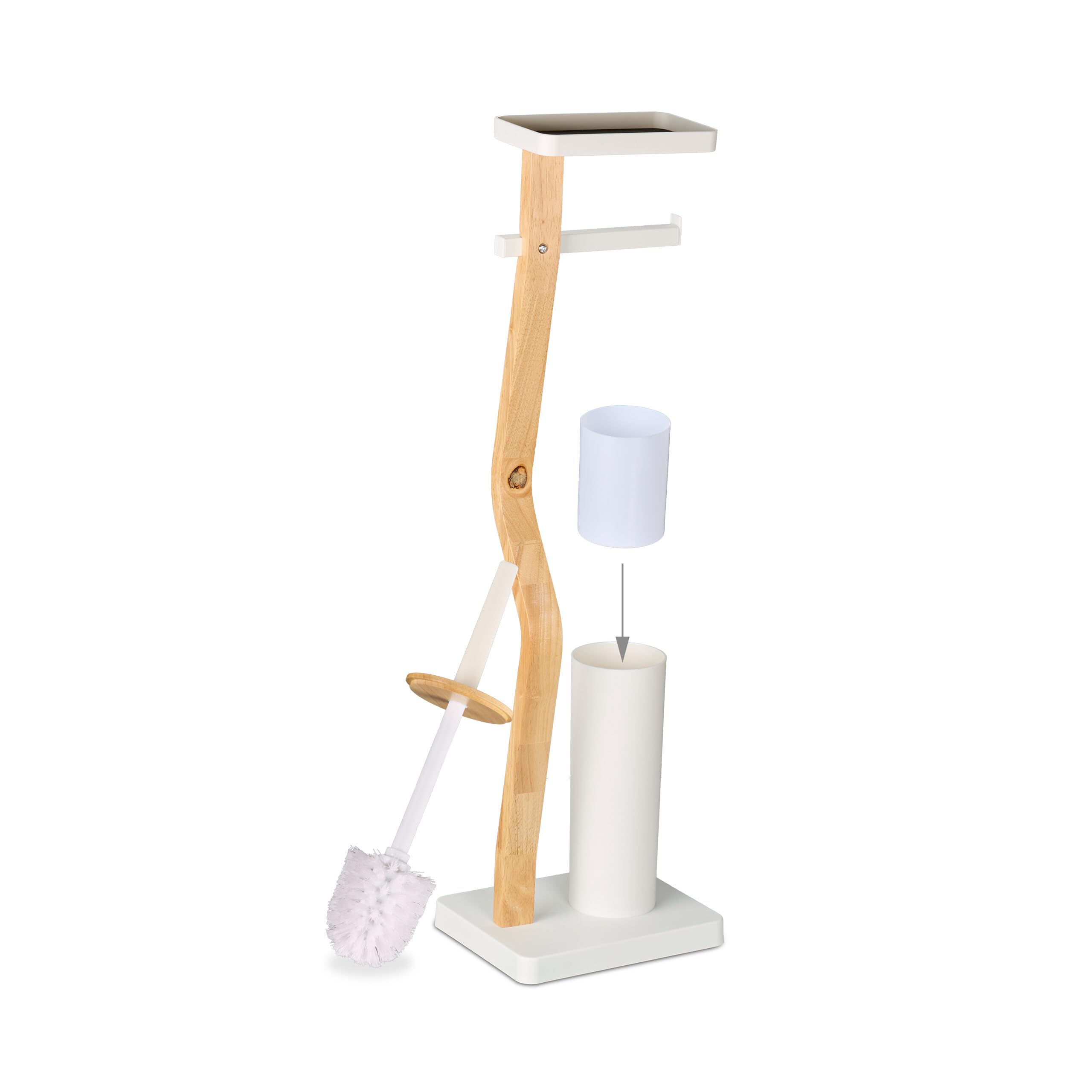 Relaxdays Escobillero y Portarrollos para Baño, 80,5x23x18 cm, Bambú, Vertical, Escobilla con Soporte, Blanco/Natural
