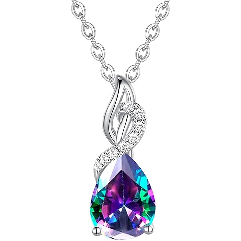 FANCIME 14K Solid White Gold Teardrop Pendant with Diamond Birthstone Necklace