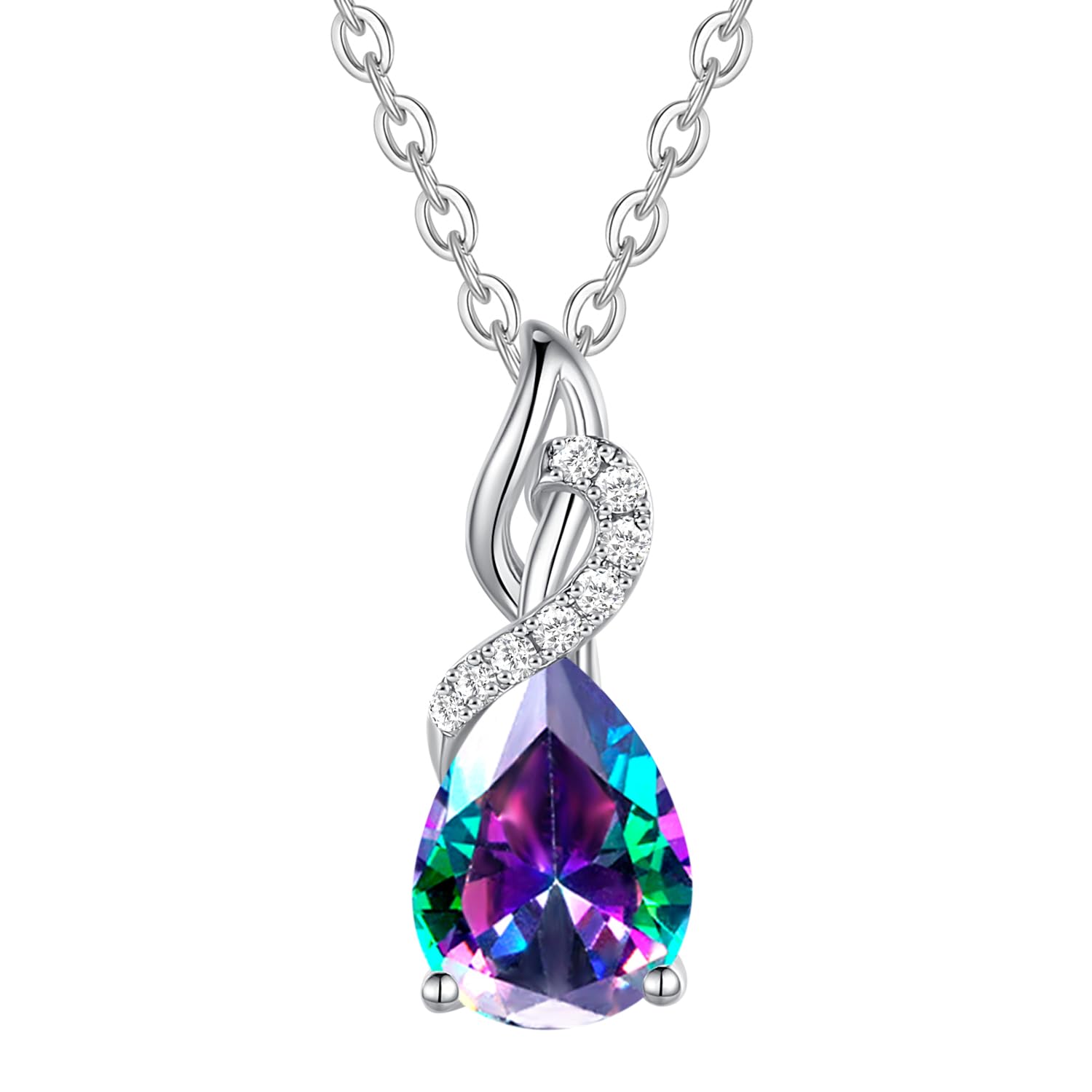 FANCIME Solide 14 Karat 585 Weiß Gold Anhänger Kette mit Tropfen Edelstein 0.28ct Diamant Geschenk Schmuck für Damen, 925 Silber Kettenlänge: 40 + 5 cm