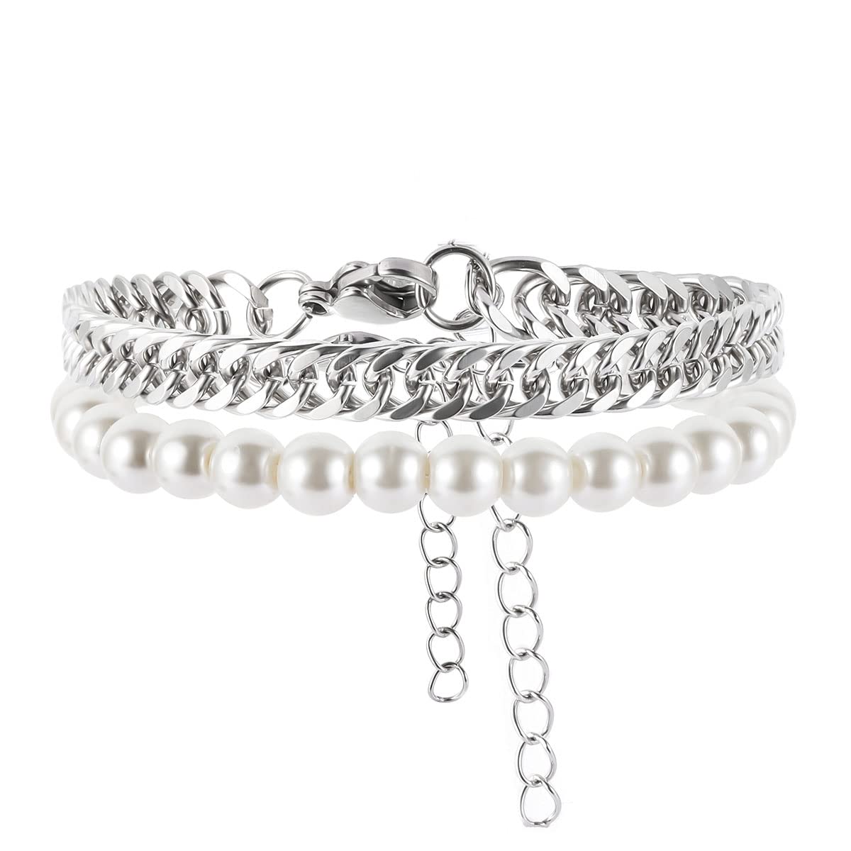 TGOLMFaux Pearl Bracelet Men with Cuban Link Figaro Chain Wrist Bracelets Set Male Gift