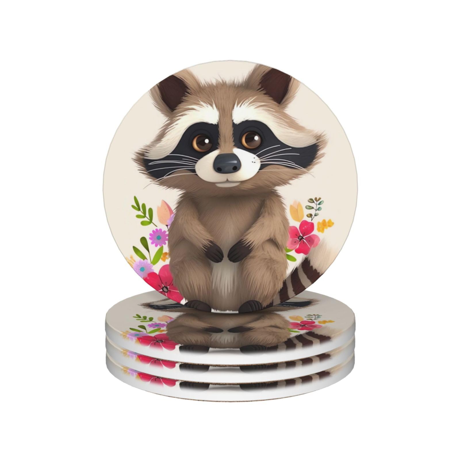 Drink Coasters 4Pcs Round CeramicCoaster with Holder raccoon Coasters for Drinks Coffee Cup Mat Heat Resistant Coaster for Tabletop Protection Desk Accessories Office Home Decor