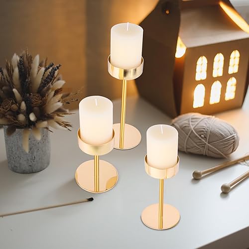 Miniatura 7 de Juego de 3 portavelas de pilar de metal dorado de 3.15 pulgadas de diámetro para pilar y velas sin llama. Decoración ideal para mesa, chimenea, sala