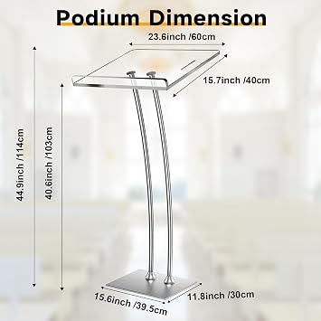 Acrylic Podium Stand - Ultra Clear Modern Lectern with Storage Shelf, Church Pulpit, Conference & Speech Podium, Sturdy 10mm Thick Panel, 43.6”H (Silver)