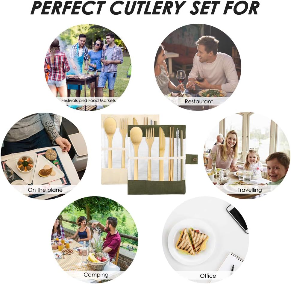 Set of 2, Bamboo Utensils Cutlery, DaKuan Reusable Cutlery Travel Set, Bamboo Spoon, Fork, Knife, Brush, Chopsticks and Straw, Eco-Friendly Portable Utensils With Case image 5