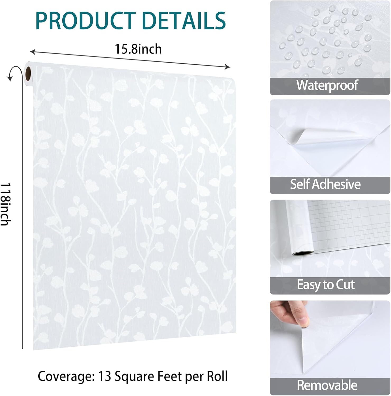 VaryStyle White Wallpaper Textured Embossed Peel and Stick Wallpaper White Trees Branches Contact Paper for Cabinets and Drawers Self Adhesive Removable Stick on Wall Paper for Bathroom 15.7"x118"