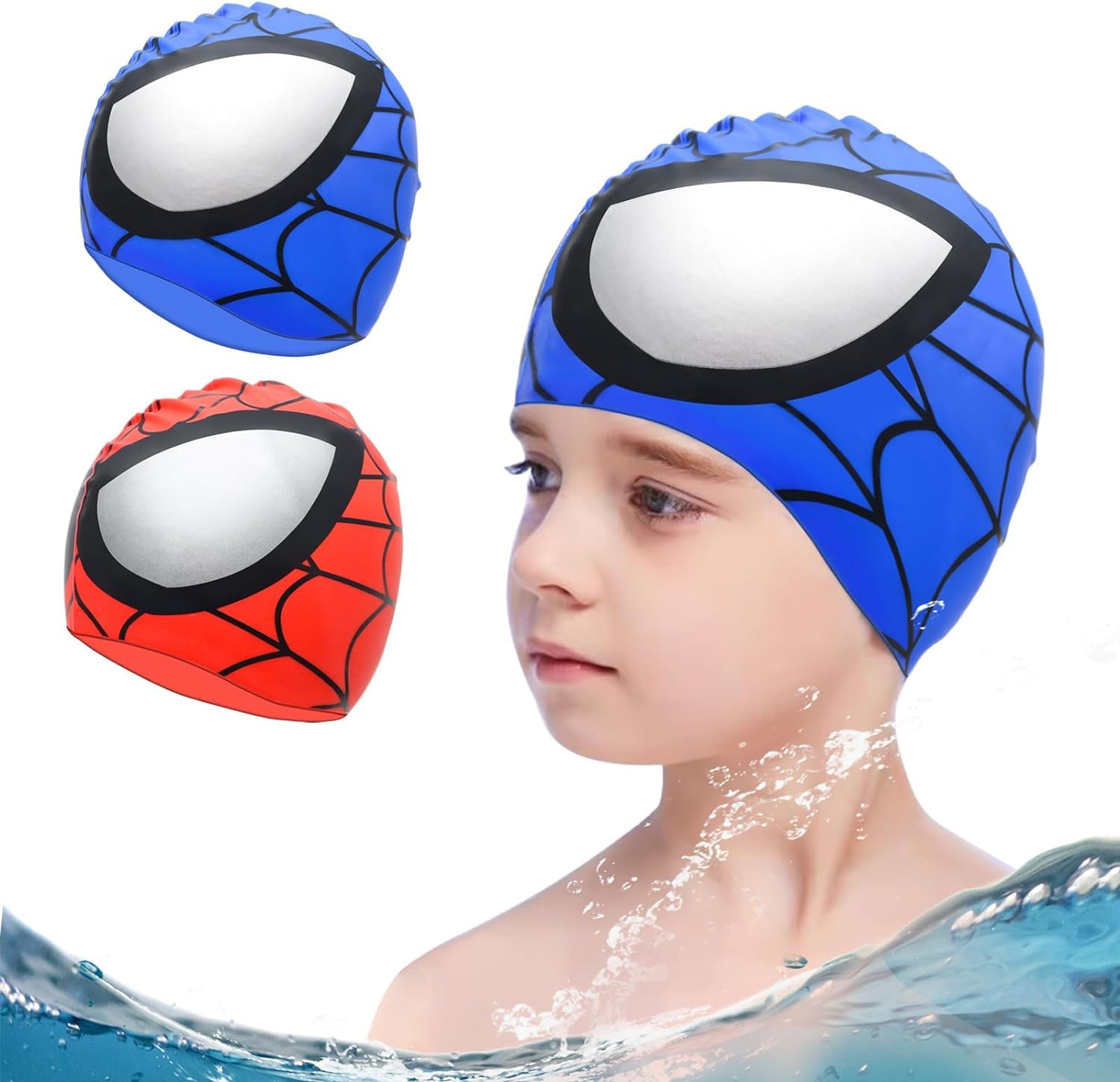 Gorro de Natación de Niños, 2 Piezas Gorro de Natación de Dibujos, Gorro Piscina Niño Silicona, Animados Gorro de Baño, Gorro de natación Unisex de Silicona