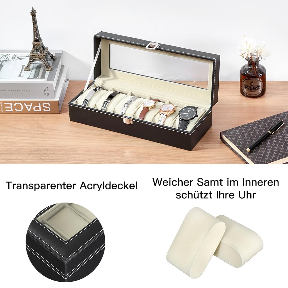 LINGFANSTORE Uhrenbox Uhrenkasten, Uhrenbox Herren für 6 Uhren, mit Glasfenster, aus PU Leder und Samt, von Uhren und Schmuck Aufbewahrung (Schwarz-W04B) Fashion