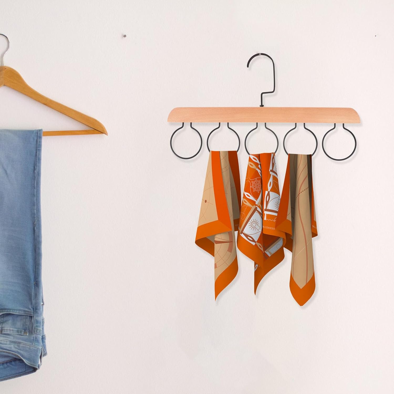 Wooden Scarf Organizer Rack with 5 Hooks for Wardrobe Storage