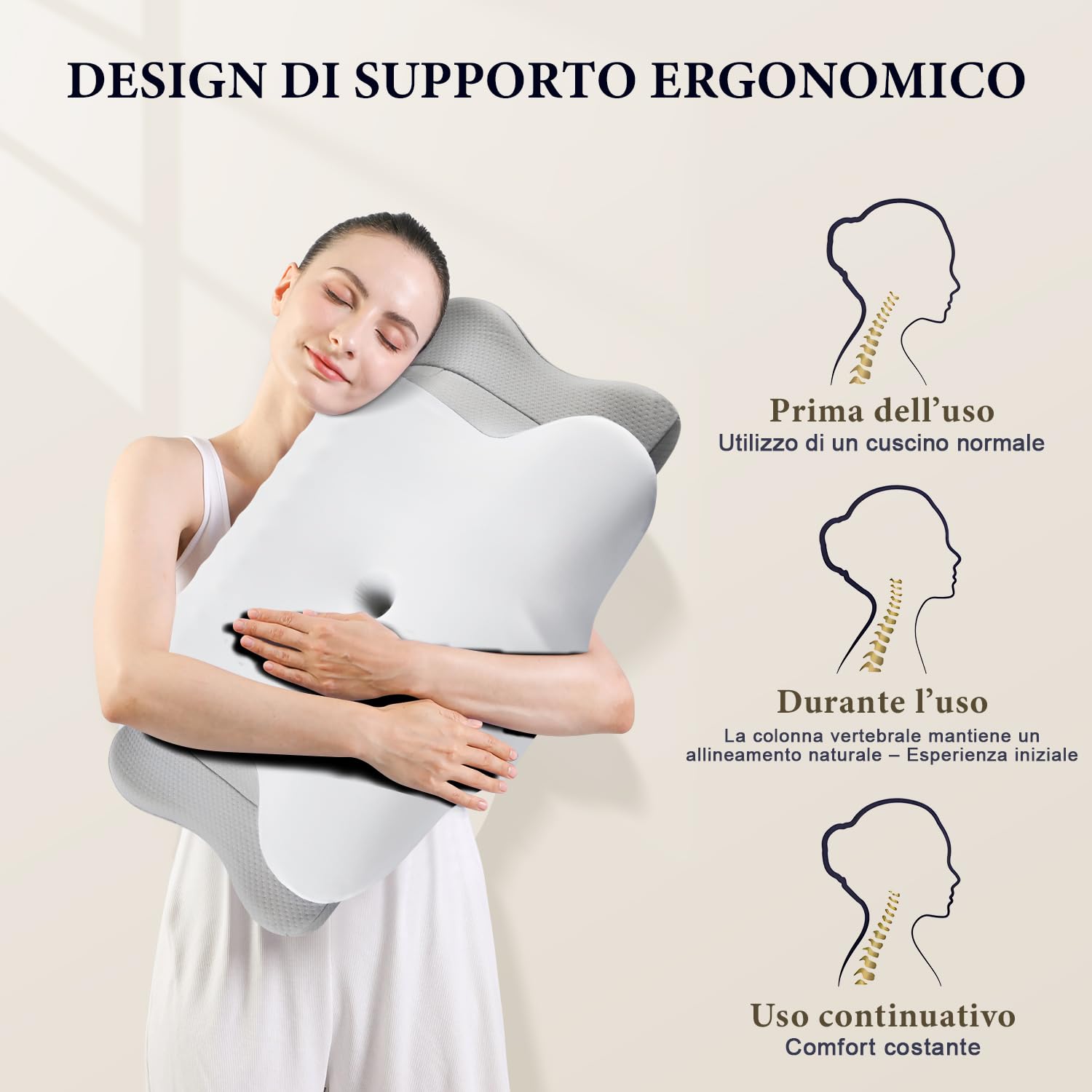 KOOTETA Cuscino Cervicale Memory Foam, Cuscino Ortopedico per Dormire con Supporto per Collo e Spalle, Doppia Altezza 10/13 cm, Federa Traspirante Sfoderabile Lavabile, 64x39 cm, Grigio Chiaro