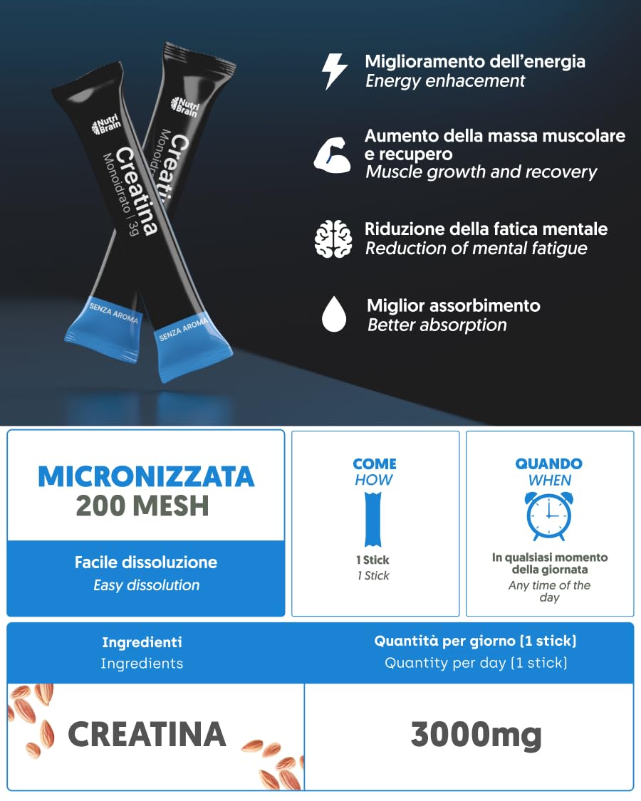 Creatina Monoidrata Pura in Stick 3000 mg | Integratore per Palestra: Forza, Massa Muscolare, Resistenza, Recupero, Energia e Agilità Mentale | Vegana, Senza Glutine, Non OGM | Per Uomo e Donna