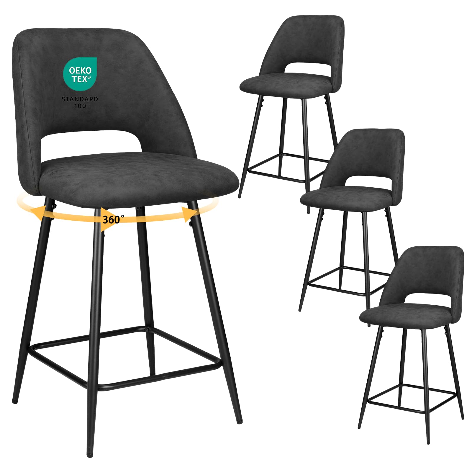 JIJIAN 360° Swivel Bar Stools Set of 4, Seat Height 65 cm, Dark Grey