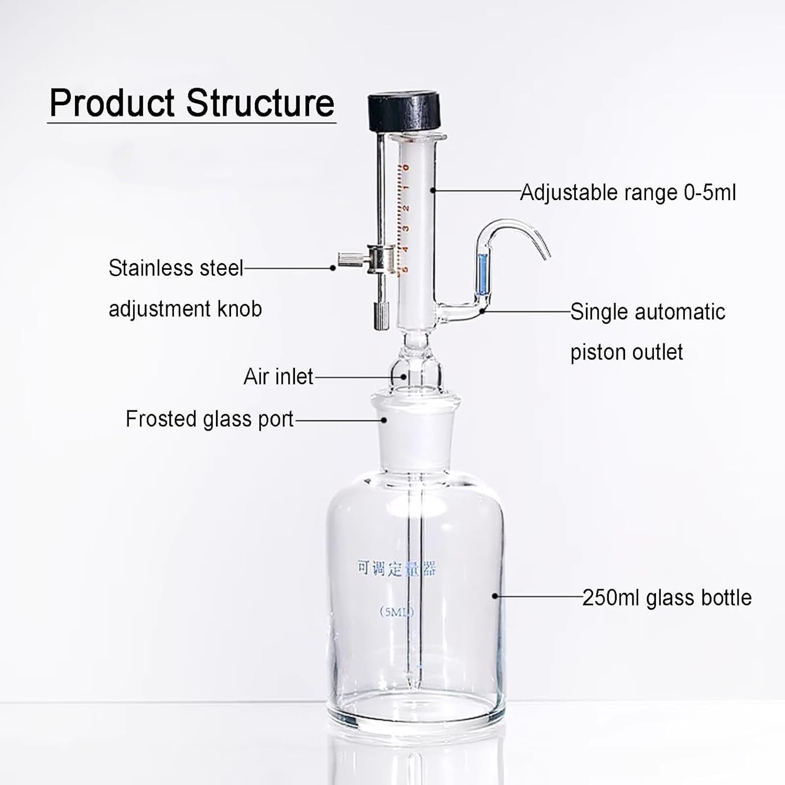 Butelka ze szklaną pipetą 1/5 ml, mikroregulacyjny dozownik cieczy, z pokrętłem regulacyjnym ze stali nierdzewnej, do precyzyjnych pomiarów laboratoryjnych
