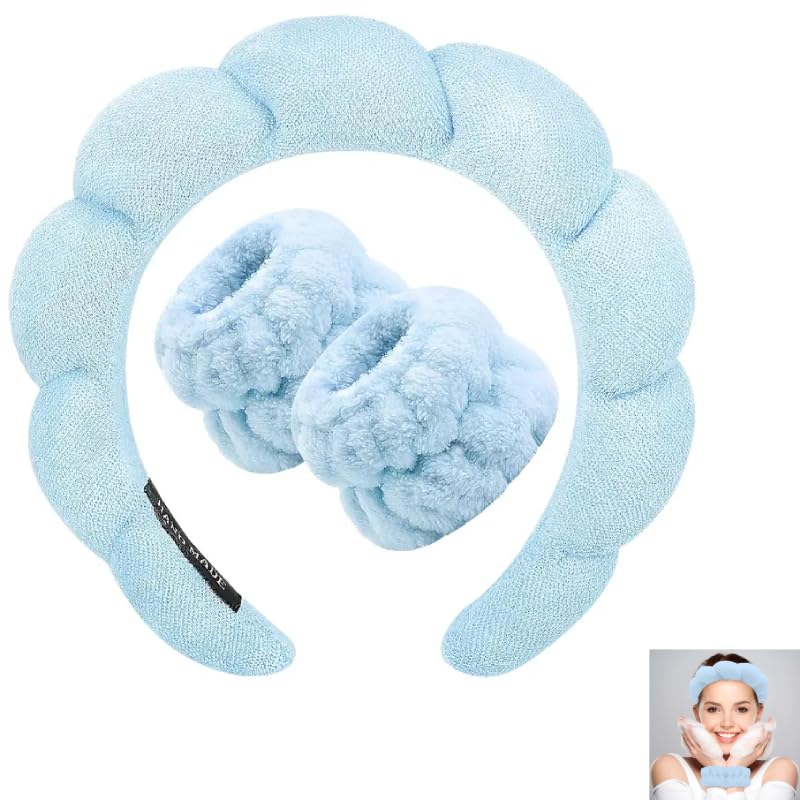 Set diadema spa y muñequeras de rizo suave para maquillaje y rutina facial, banda para el cabello absorbente unisex, accesorio de belleza antisalpicaduras, Unisex - Azul