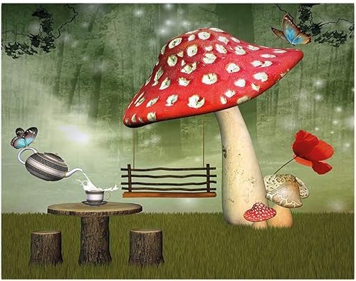Miniatura 3 de Mural mágico de pared de 55.1 x 29.9in, paisaje mágico con setas y flores en el bosque fresco, diseño de helechos de dibujos animados, papel pintado