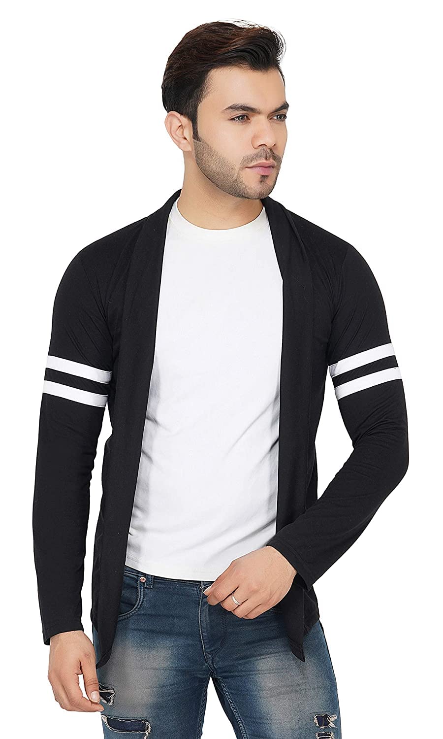 Open Cardigan Full Sleeve Stripe Patch on Sleeve Shrug for Men-Black-image-1