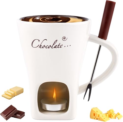 Chocolate Fondue Mug with Fork, Sweet Melting Cup with Tealights for Chocolate Cheese & Desserts Ceramic Fondue Pot Set Ideal Gift for Date Nights Birthdays Anniversary Weddings (White)