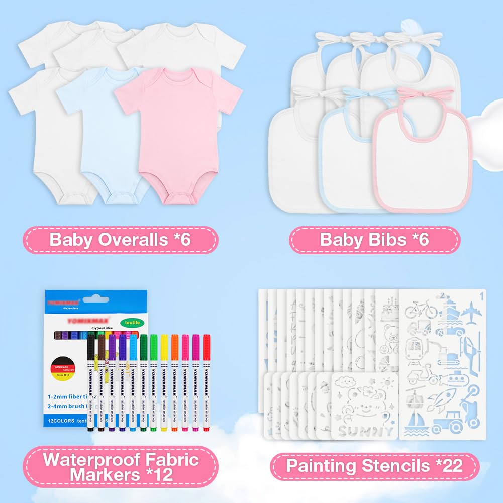 Aolso 6PCS Bavoir, Bavoirs Peinture et 6PCS Grenouillères, avec 12 Stylos Textiles de Couleur et 22 Pochoirs de Peinture, Cadeau pour Babyshower Party DIY（9-12mois）