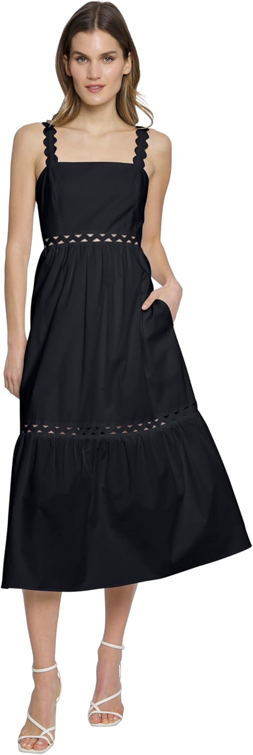 Donna Morgan Square Neck Midi Scalloped Eyelet Lace Straps and Pockets-Black Dresses for Women 16 Black