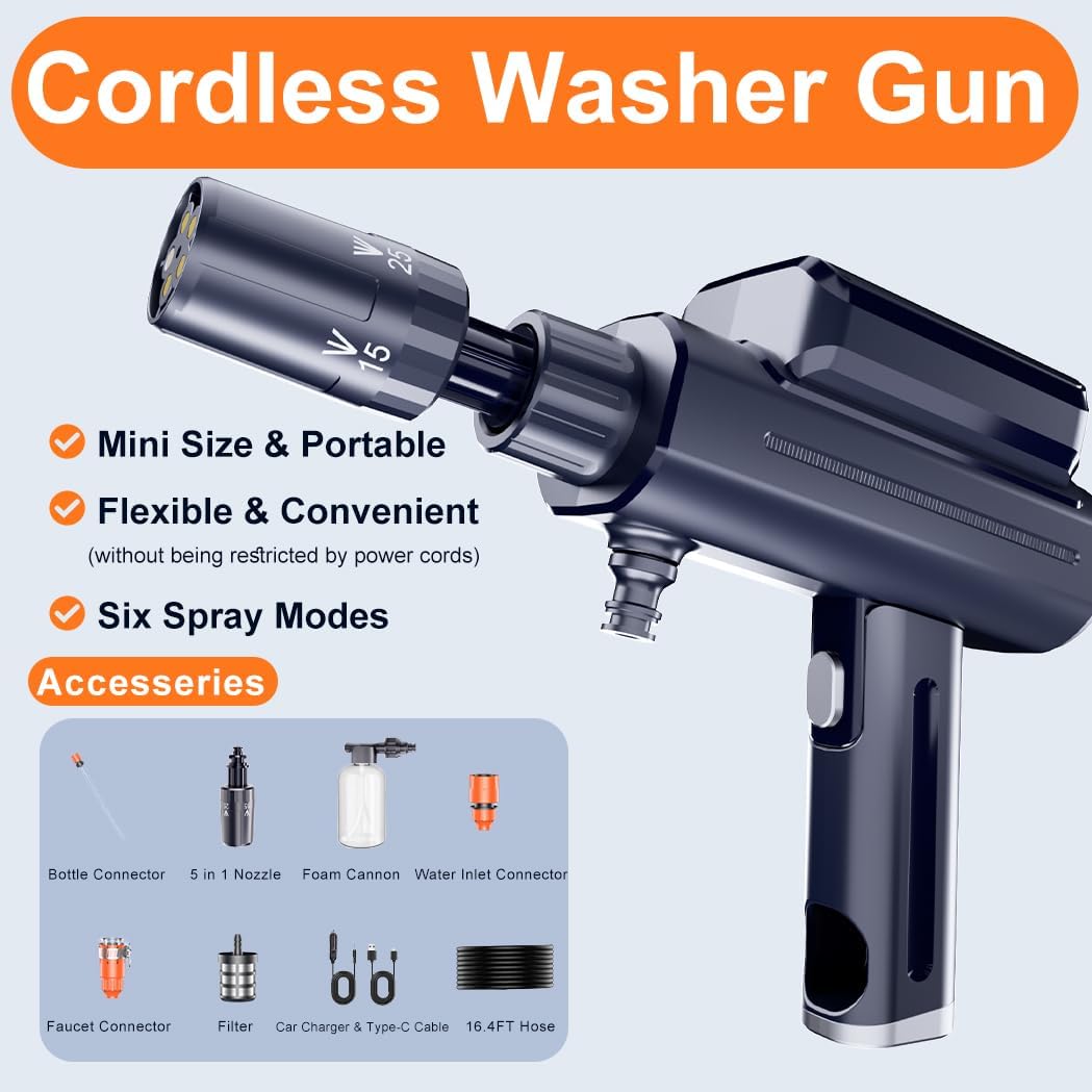 Portable Cordless Pressure Washer, Lithium Battery Powered Handheld Water Sprayer, Max 217 PSI, 5-in-1 Nozzle & Foam Pot, Type-C Charging Foldable Pressure Washer Gun for Car, Bikes, Patios