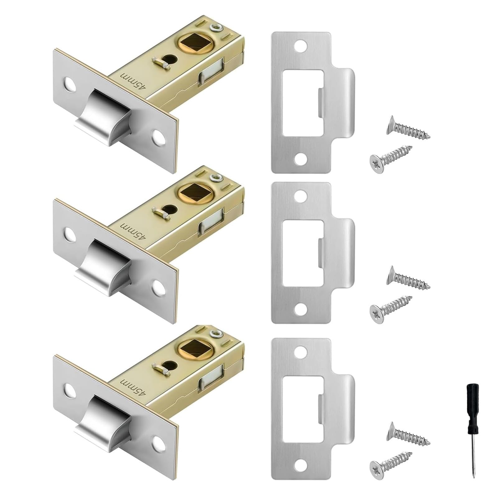 3 Set 45mm Door Latch, Internal Door Lock Mortice Latch Polished Tubular Latch for Internal Doors Sprung Lever Door Handles