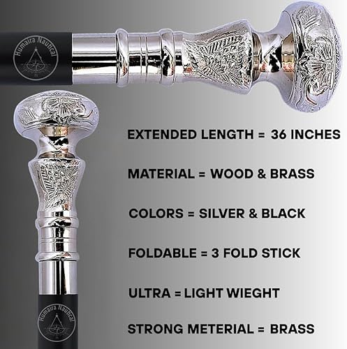 Miniatura 3 de Bastón vintage – Bastón de madera con mango de latón plateado – Bastón victoriano de lujo para hombres y mujeres – Palo de madera de sombra oscura