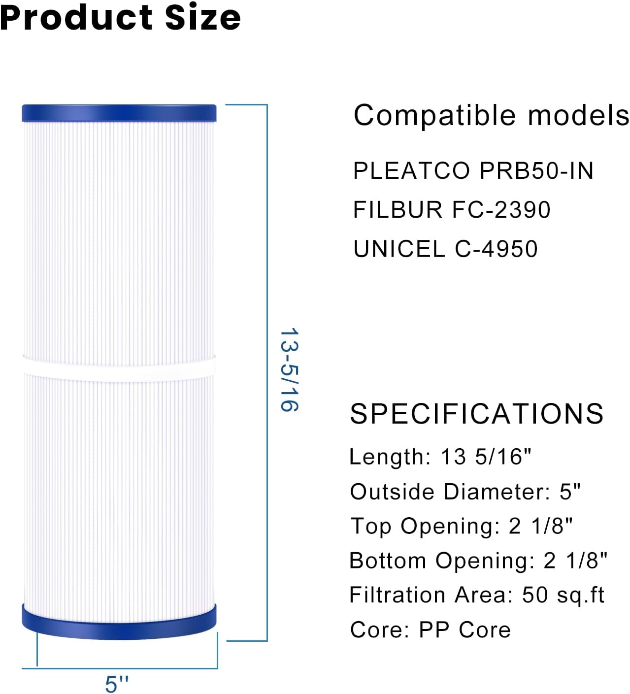 Spa Filter Compatible with Cryspool CP-04075, PRB50-IN, C-4950, 413-212-02, FC-2390, J210/ J220/ J235/ J245/ J275, 03FIL1600, 5X13 Drop in Hot Tub Filter 2 Pack