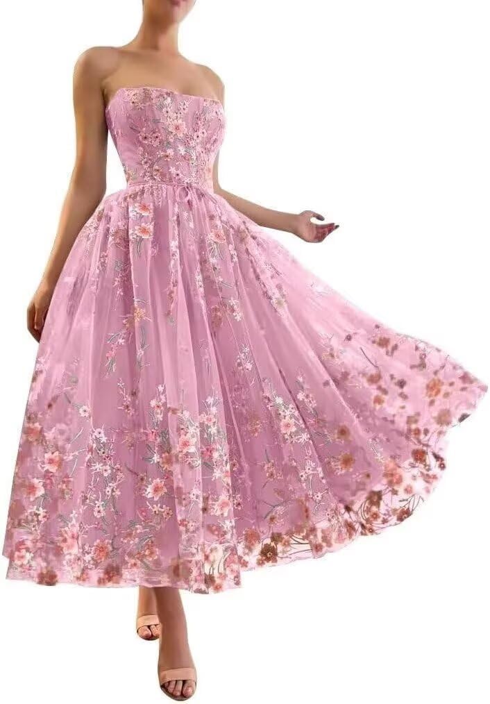 Tea Length Prom Dress for Women A Line Strapless Floral Ball Gown Tulle Formal Evening Gown with Pocket