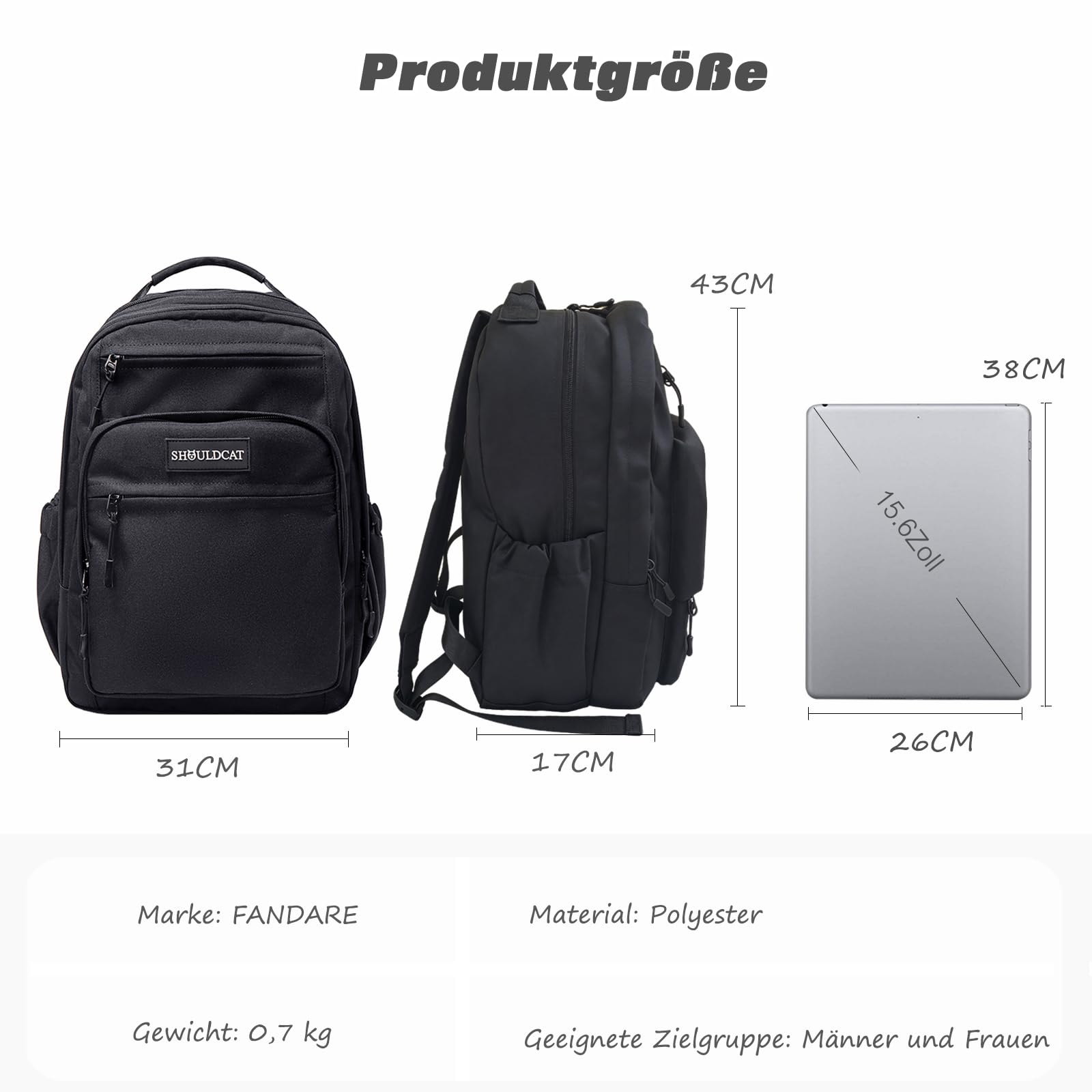 FANDARE Rucksack Schulrucksack Damen Herren Daypacks mit Laptopfach fü 15.6 Zoll Tagesrucksack Schulranzen Junge Mädchen Schultaschen für Universität Reisen Freizeit Arbeit Wasserdichtes Polyester