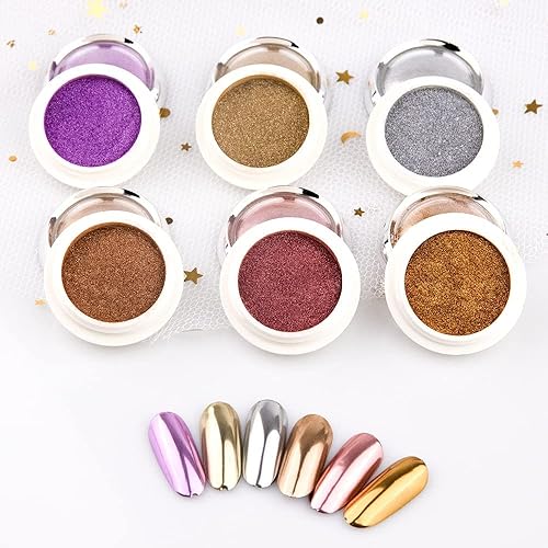 Miniatura 7 de 6 frascos de polvo de uñas cromado, juego de polvos de uñas con efecto cromado, polvo brillante con brillo de uñas con efecto espejo mágico para