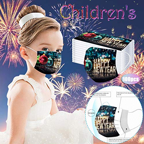 BEUU 100PCS 2021 Happy New Year Disposable Face_Covering for Kids,5-types 3-ply Non-Woven Fabric with Elastic Earloops,Fireworks Camouflage Pattern, High Filtration and Ventilation Security - Image 3