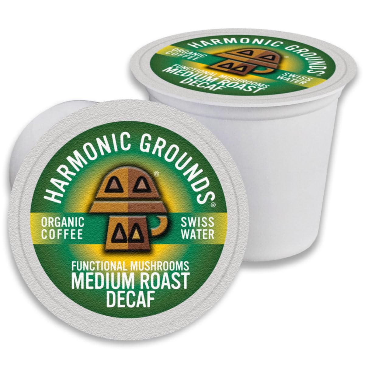 Harmonic Grounds Organic Decaf Mushroom Coffee Pods - Swiss Water Process, Medium Roast with Lion's Mane, Reishi, Chaga, Cordyceps & Turkey Tail -