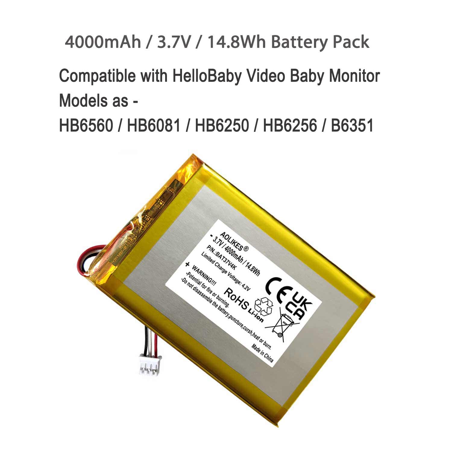 Remplacement de la Batterie 4000mAh 3.7v pour hellobaby hb6081 Moniteur vidéo pour bébé hb6256 2.4GHz numérique sans Fil Moniteur vidéo pour bébé