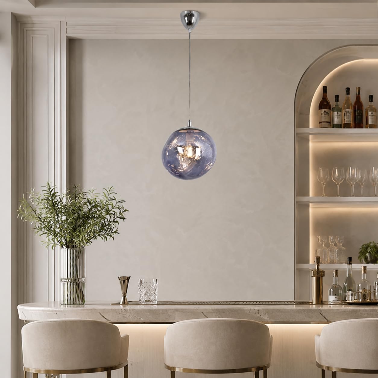 BARCELONA LED Pendelleuchte Violett Aus Glas Ø28cm E27 | Kunstglas und Metall, höhenverstellbares Kabel, 132 cm Gesamthöhe, bis 40 W, für Innenräume