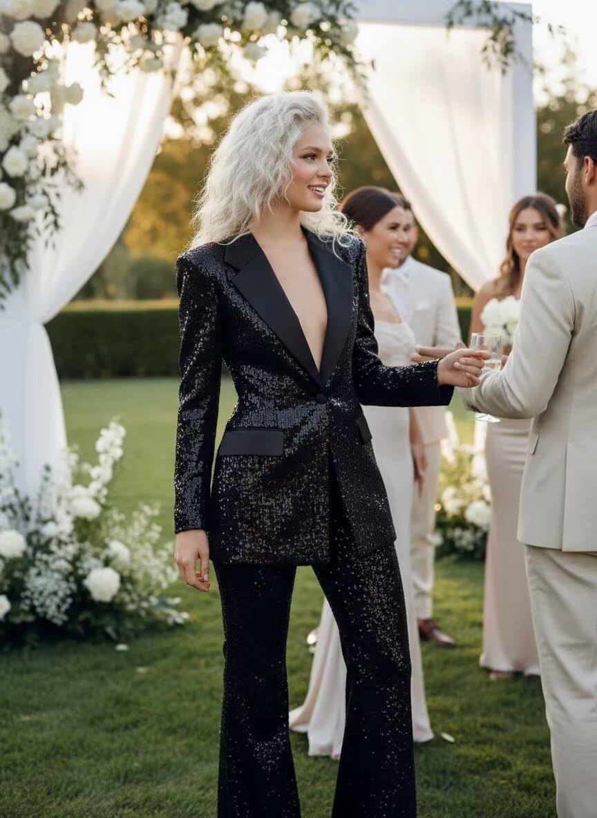 Sequin Suits for Women 2 Piece Satin Peak Lapel Womens Suit Glitter Sparkly Bell Bottoms Womens Tuxedo for Party Prom - Image 2