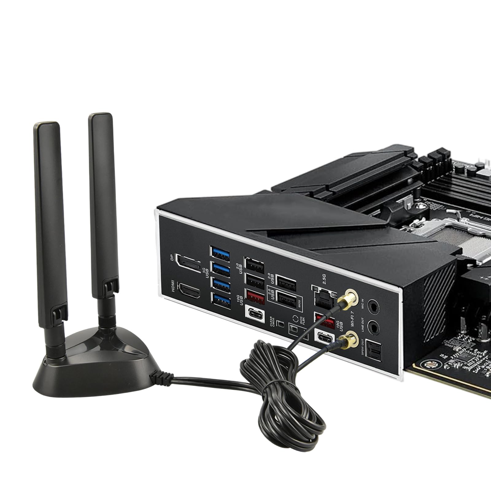 Dual Quick-Plug WiFi7 - Antena magnética con base magnética (3 dBi, 2,4/5,8/6 GHz, cable RG174, base magnética triangular estable, compatible con ASUS ROG/Gigabyte AORUS/MSI y todos los