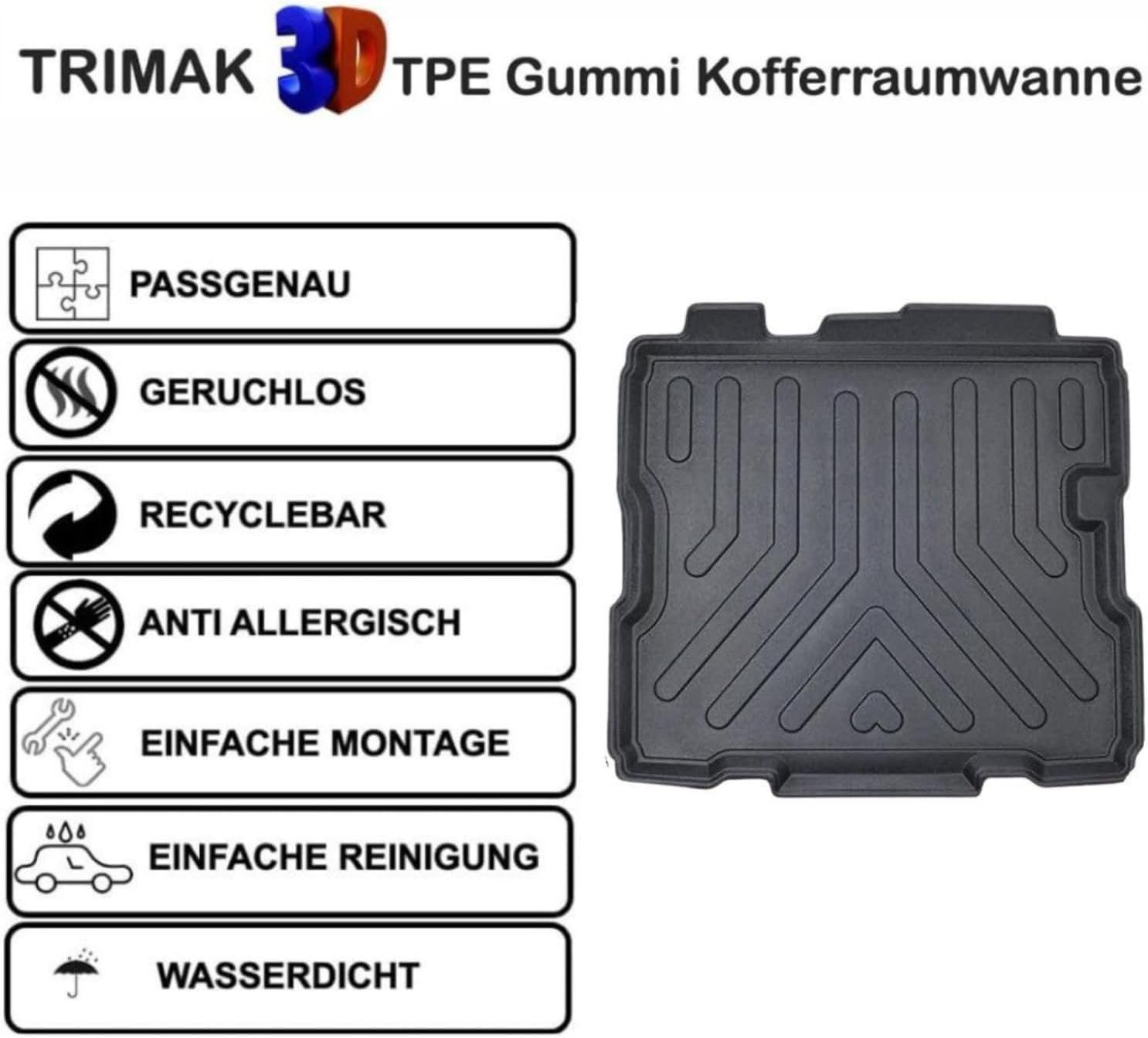 Trimak Fussmatten & Kofferraumwanne für Opel Astra K Hatchback 2015-2021 | **ohne Ersatzrad Modell**, 3D Gummimatten & Kofferraummatte aus TPE Gummi, Passgenau, Wasserdicht, Hoher Rand, Rutschfest