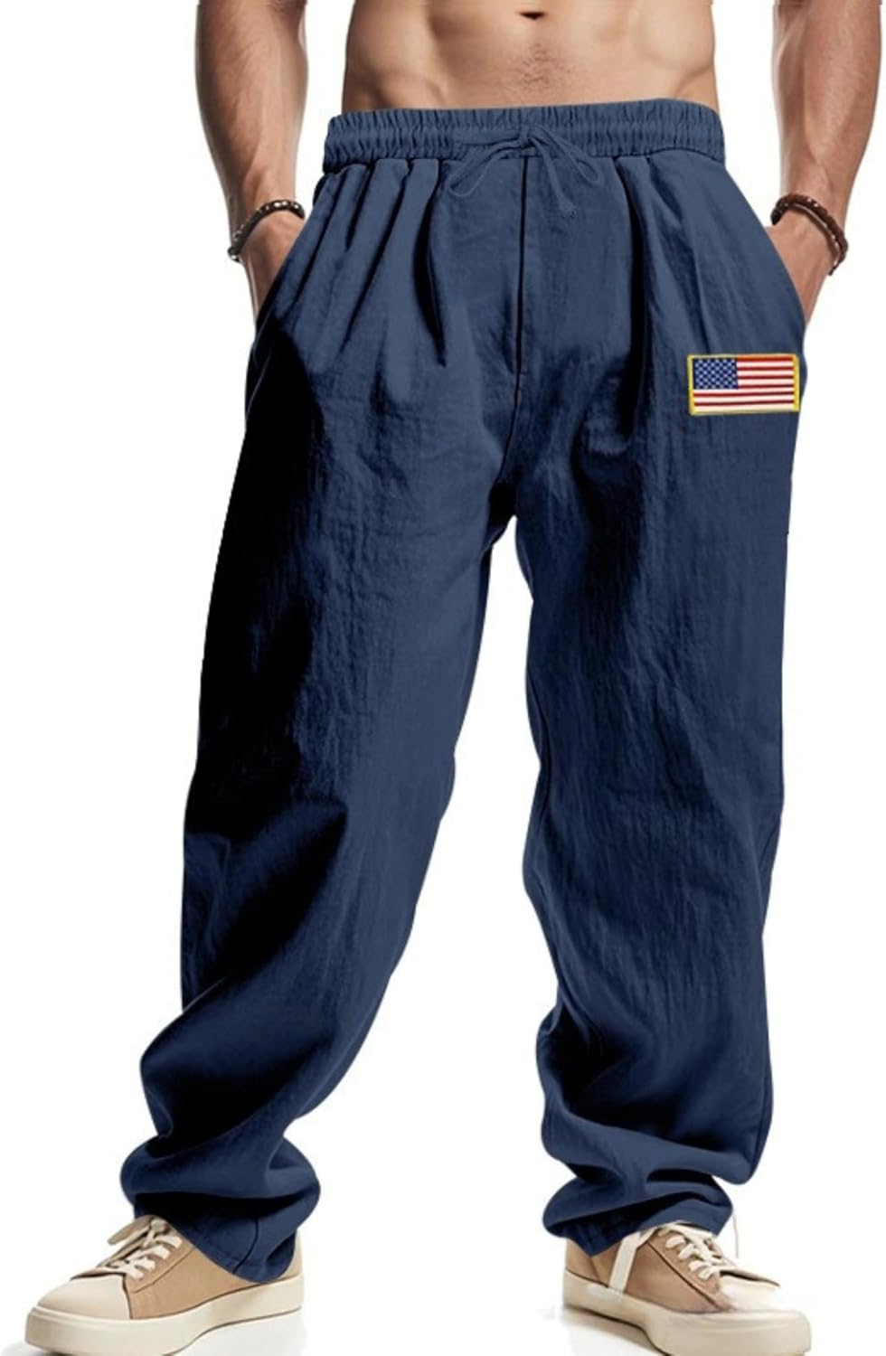 ZOCANIA Mens Summer Linen Pants Flags Hip Hop Casual Pants Elastic Waist Drawstring Wide Leg Yoga Beach Trousers