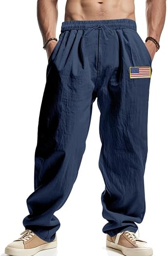 Mens Linen Pants 2025 Summer Trendy USA Flag Patched Pants Loose Fit Casual Summer Elastic Waist Drawstring Trousers with Pockets Navy M