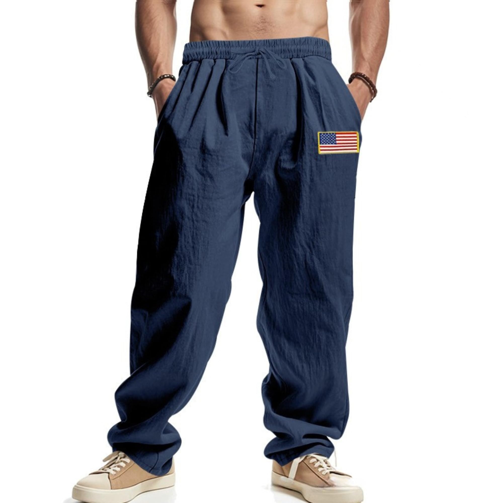 Men Summer Linen Pants USA Flag Splicing Hip Hop Pants Elastic Waist Drawstring Wide Leg Yoga Beach Trousers