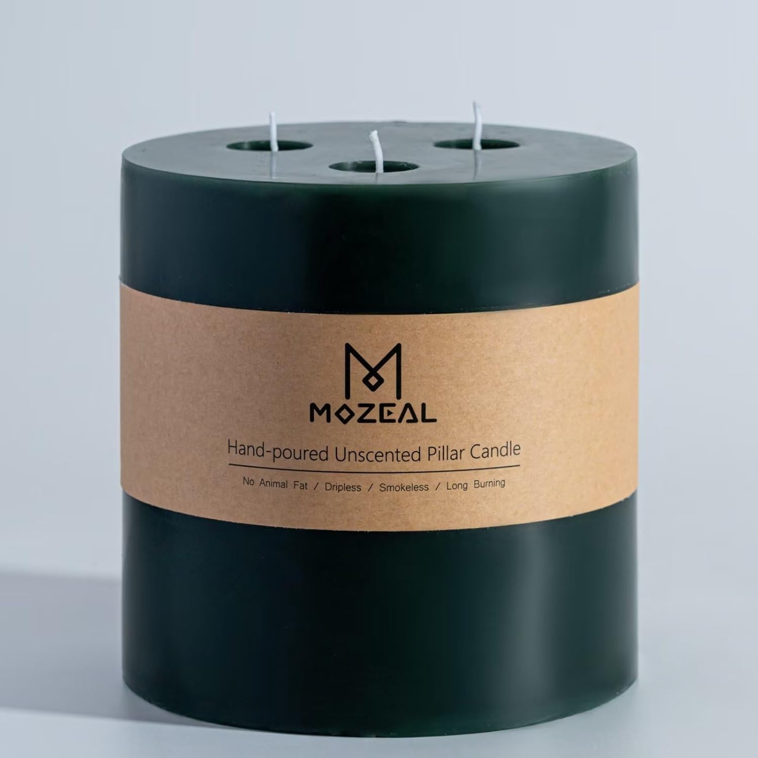 MOZEAL Extra Large 3 Wick Dark Green Pillar Candle, 6" x 6", Unscented, Dripless, Smokeless, and Clean-Burning. Approx. 120 Hours of Burn Time. Perfect for Weddings, Dinners, Christmas and Home Decor