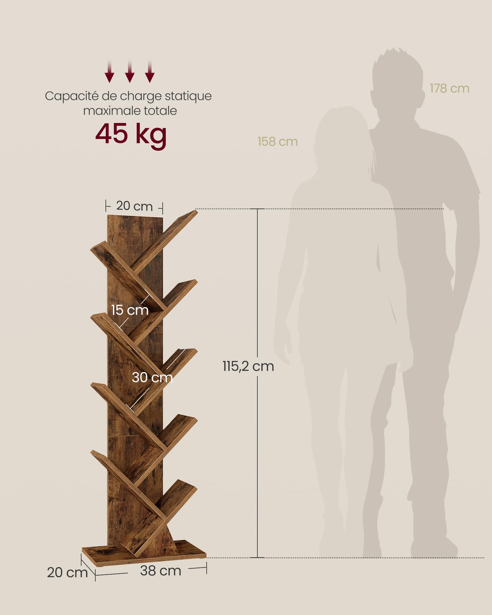 VASAGLE Custos Collection - Bibliothèque Arbre, Bibliothèque Moderne sur Pied, pour Chambre, Salon, Bureau, 20 x 38 x 115,2 cm, Marron Rustique LBC609KD01