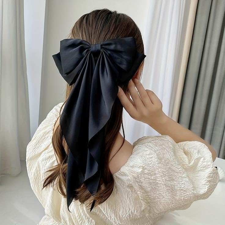 Image of FilterFashion Big Satin Layered Hair Bows for Women Girls 11.5 Inch Barrette Hair Clip Long Back Ribbon Bows French Style Hair Accessories (Black,Gold)