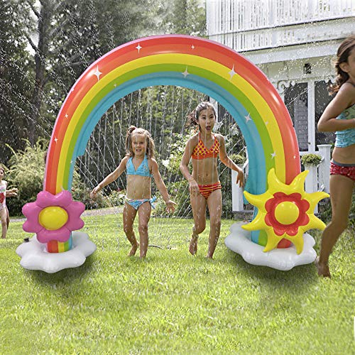 Rabosky Inflatable Rainbow Water Sprinkler, Large Outdoor Yard Water Toys for Toddlers and Kids, Unique Asymmetrical Design, 86" x 70", 2 Big Inflatable Frisbee Bring Kids More Summer Lawn Water Fun