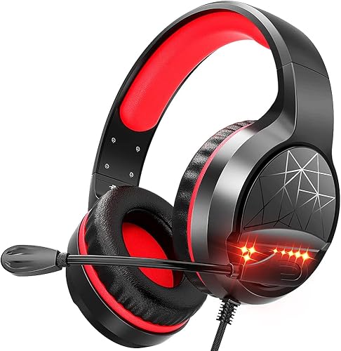 BENGOO Auriculares para juegos para PS4, PS5, Xbox One, controlador de PC, aislamiento de ruido, auriculares con micrófono, luz LED roja, sonido