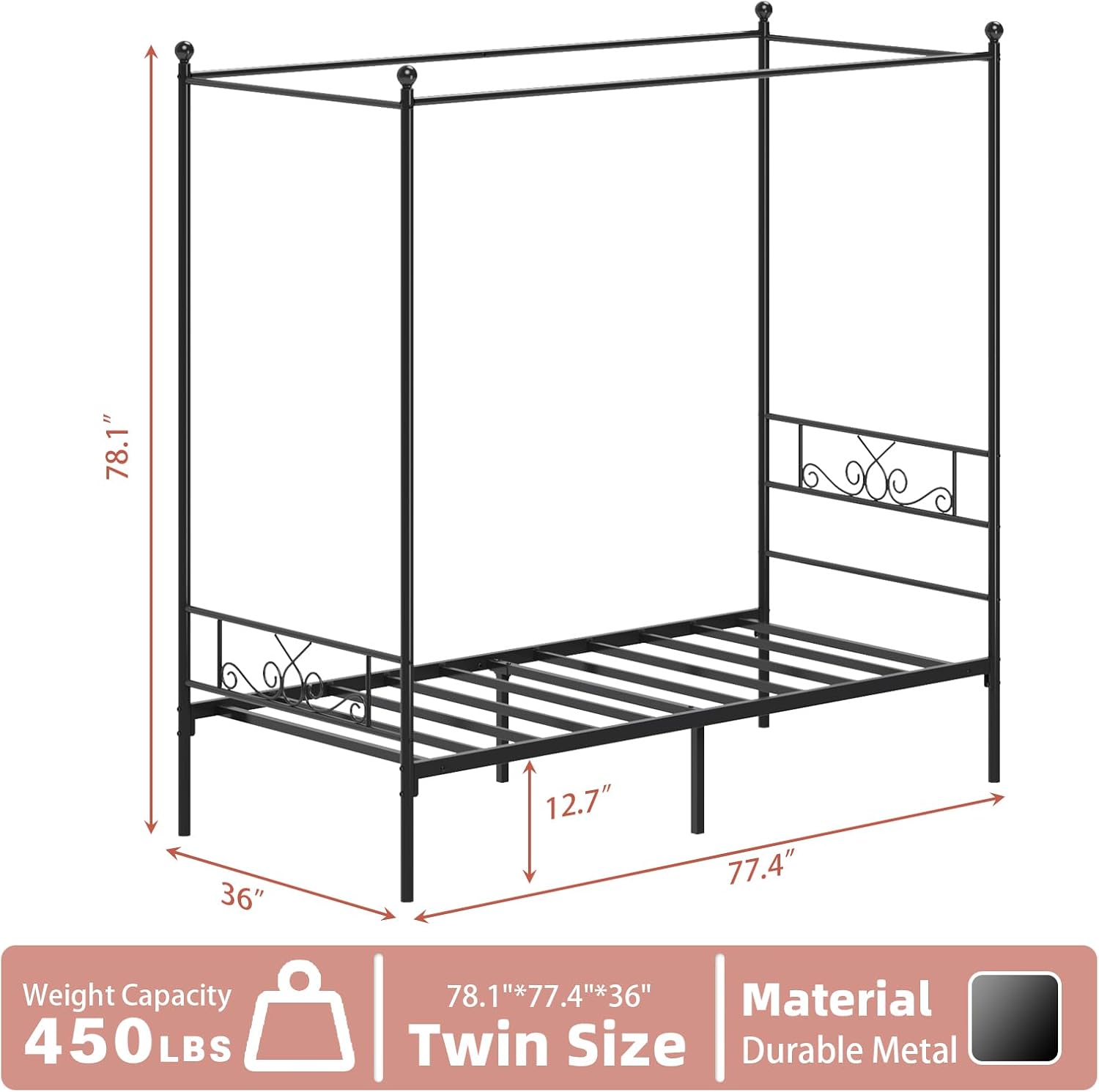 Diagram showing the dimensions of the WeeHom THYME CY-SB-PP Metal Canopy Bed Frame, including length, width, height, and under-bed clearance.
