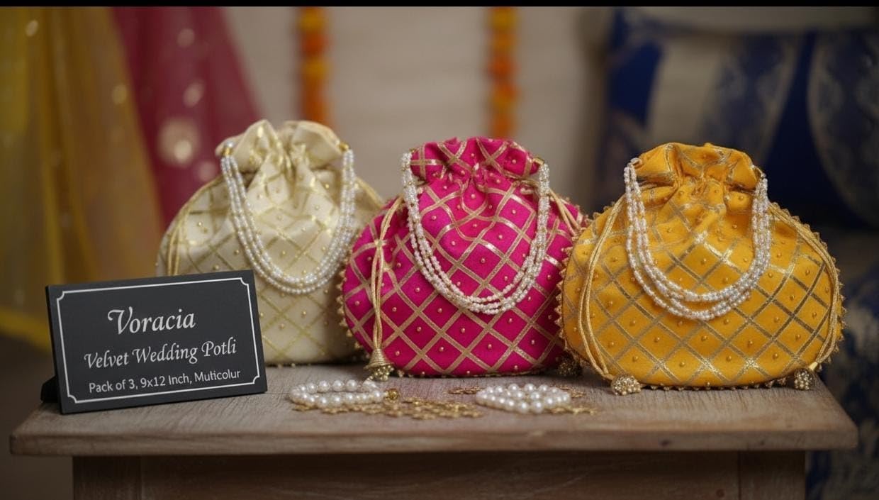 Voracia Velvet Wedding Potli Bags with Drawstring Closure, Traditional Shagun Gota Design, Multi Color, 9x12 Inch, Pack of 3 (Red Orange &Pink)-image-24