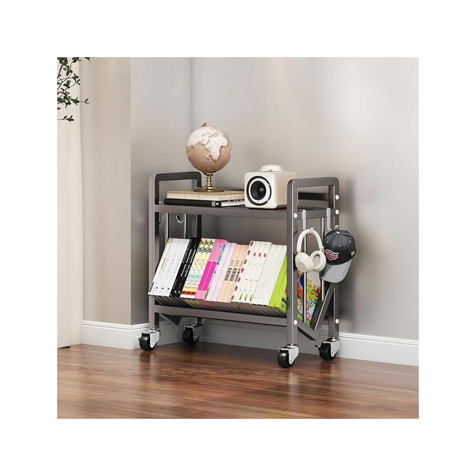Book Carts with Wheels, Library Rolling Book Cart 2/3/4/5 Tier Movable Bookshelf Mobile Large Capacity L-Shaped Carbon Steel Organizer Rack for Office, Home, Classroom(Gris,2 Tiers-27.6x9.8x20.9in)