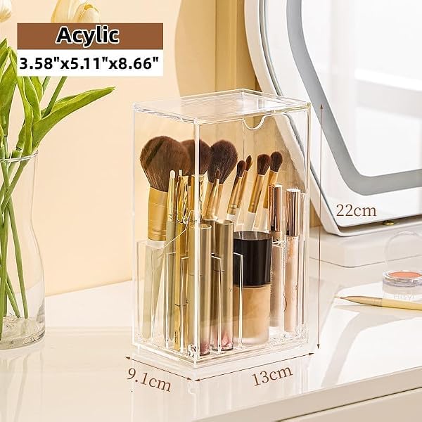 Meifannao Makeup Brush Holder, Clear Make Up Brush Holder Organizer with 17 Slots, Tilt Open Large Makeup Brush Holde with Lid, Acrylic Makeup Organizer for Vanity Decor Office Home by Meifannao - Image 6