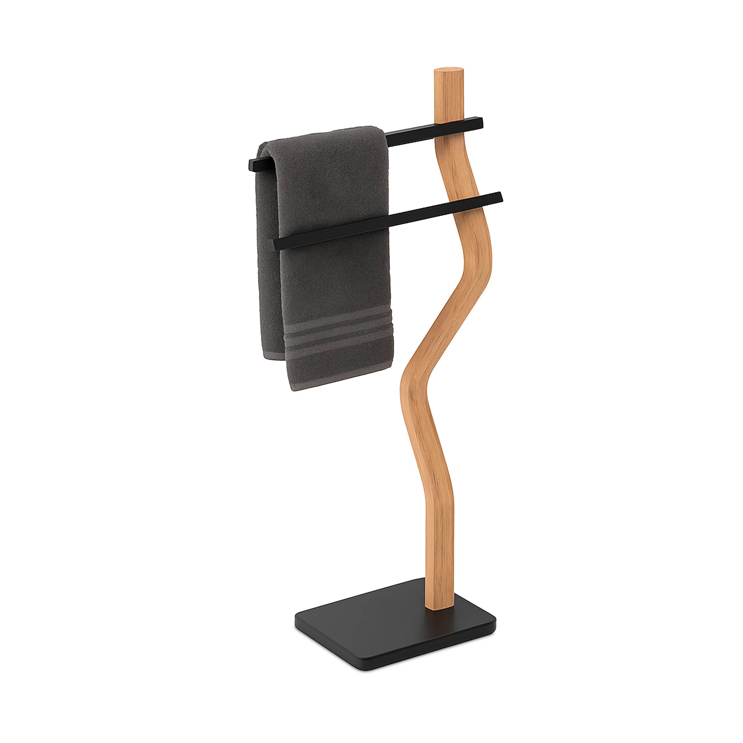 Relaxdays towel rack, HxWxD: 86 x 37 x 18 cm, metal, wood, 2 bars, standing towel rack, bathroom, black/natural