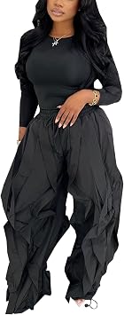 Womens Baggy Ruffle Fringe Pants Long Sleev Top 2 Piece Set, Elastic Tight-Fitting Top Drawstring Elastic Waist Barrel Womens Parachute Pants,Black,XXL